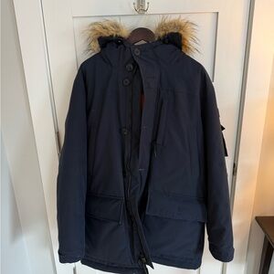 J. Crew Men's Dark Blue Puffer Jacket with Fur Hood